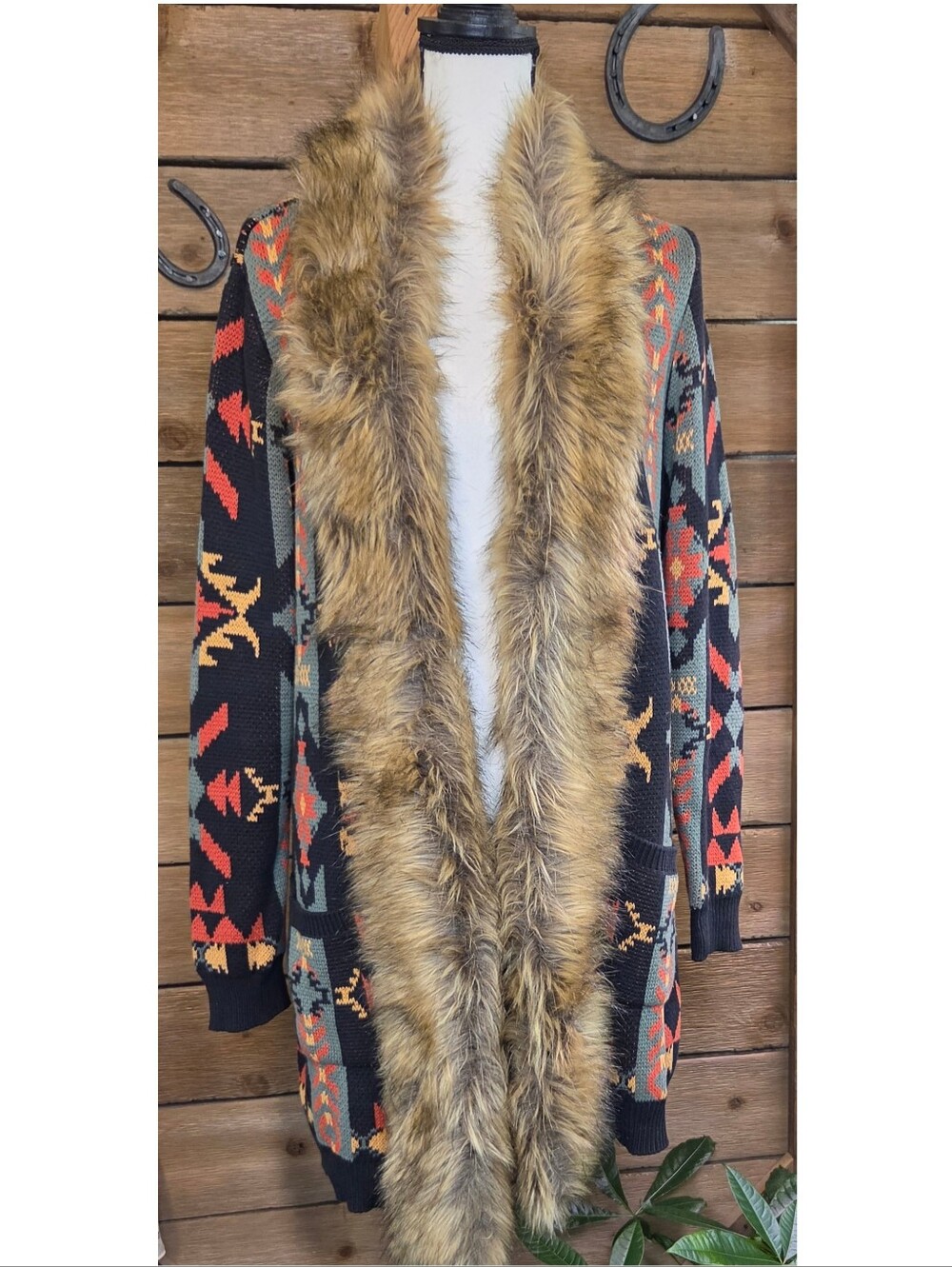 Panhandle Women's Southwestern Print Faux Fur Trim Cardigan